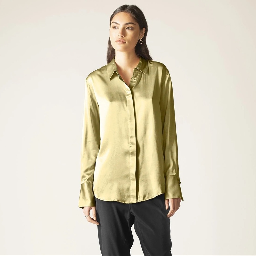Ginia | Poppy Button Down 100% Silk Satin Shirt In Boa Green Sz: Small